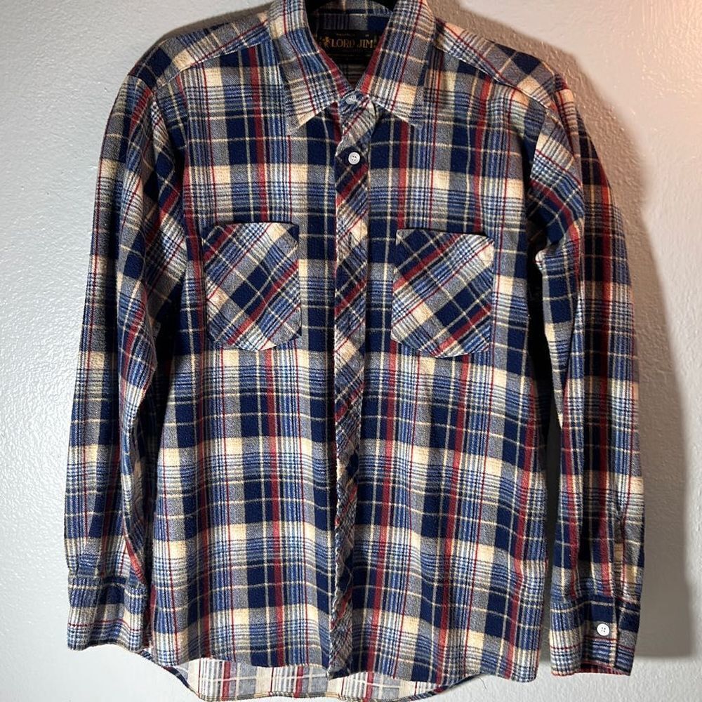 Lord Jim Long Sleeve Checkered Flannel Shirt. Blue, Red, Beige. Size Medium